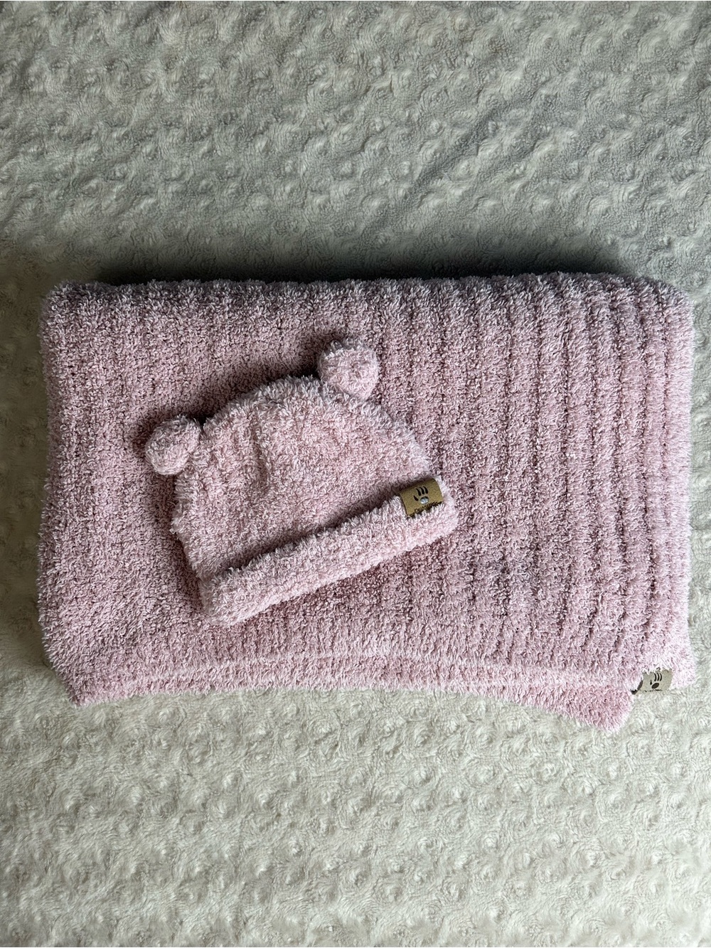 Bearpaw Pink Chenille Baby Blanket & Hat Sweater Knit Soft Ribbed Security Lovey